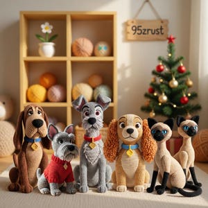 May include: A collection of handmade crochet dog and cat figures, including a brown dog, a gray dog, a tan dog, and two Siamese cats. The figures are arranged in front of a small Christmas tree and a wooden shelf with yarn balls.