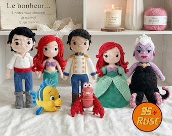 The Little Mermaid Crochet Doll, Ariel Princess Doll Set, Eric and Ariel Couple Doll, Ursula Hanmade Amigurumi, Flounder Sebastian Crochet
