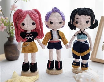 Kpop Huntrix Girl Group Crochet Doll, Rumi Mira Zoey Kpop Girls Amigirumi, Kpop Demon Crochet Doll Set, Baby Kpop Girls Amigurumi Crochet