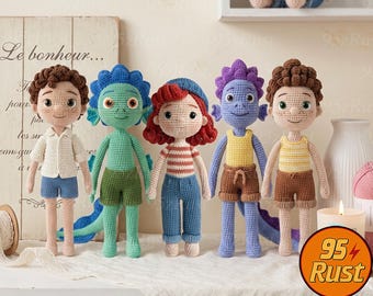 Luca and Alberto Crochet Doll Set, Disney Sea Monster Amigurumi, Movie Character Figures, Handmade Fiber Art, Amigurumi Art Toy