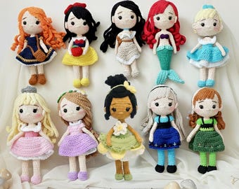 All Disney Princess Crochet Doll, Ariel Cinderella Tiana Snow White Crochet Doll, Princess Girl Amigurumi Doll, Kids Birthday Gift