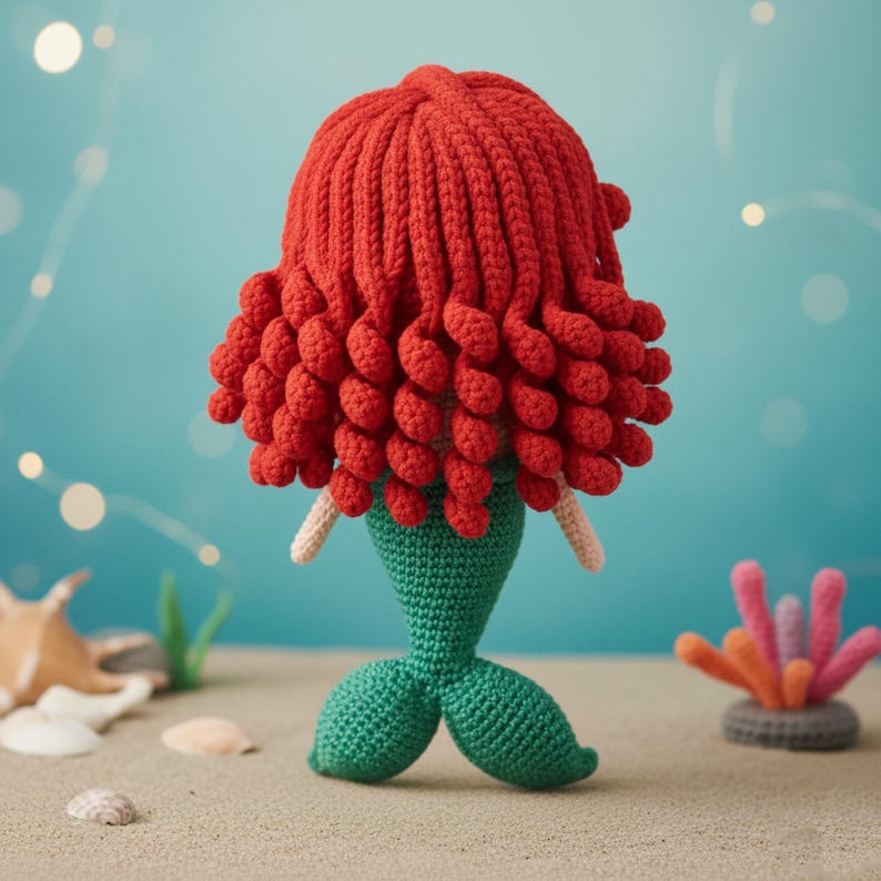 May include: A handmade crochet mermaid doll with vibrant red hair, a green tail, and small arms. The doll is set on a sandy surface with a light blue background, evoking an underwater scene. The doll's hair is styled in voluminous curls.