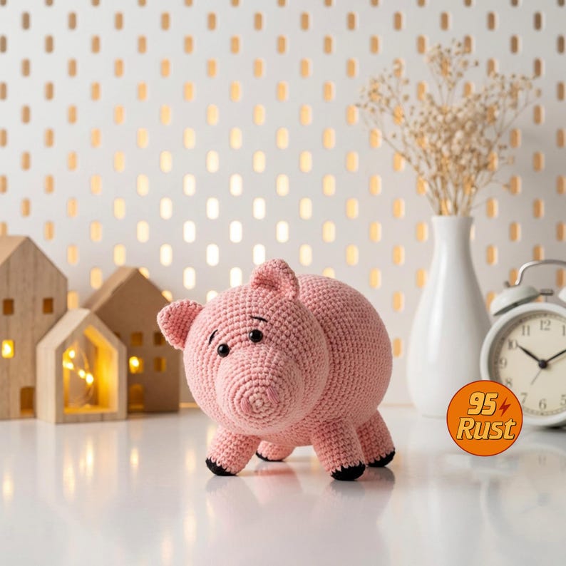 May include: A handmade pink crochet pig with black eyes and hooves. The pig is round and has small ears. A white alarm clock and a white vase with dried flowers are in the background. The pig is a decorative item.