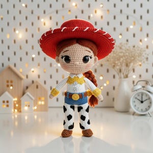 May include: A handmade crochet doll resembling a character from a popular animated film. The doll has a red hat, brown hair in a braid, and is wearing a white shirt, blue jeans, and cow-print pants. The doll is approximately 8 inches tall.