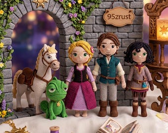 Rapunzel Tangled Adventure Crochet Doll, Disney Princess Amigurumi Figures, Eugene and Cassandra Plushies, Tangled Series Doll Set