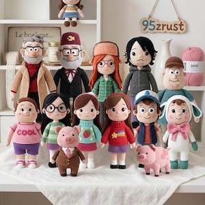 May include: A collection of handmade crochet dolls, featuring various characters with detailed facial features and clothing. The dolls are arranged on a white surface, showcasing a variety of colors and textures. Some dolls have glasses, hats, and other accessories.