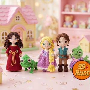 Rapunzel Princess Crochet Doll, Tangled Characters Doll Set, Mother Gothel Crochet Plush, Rapunzel and Flynn Rider Amigurumi Set, Pascal Toy