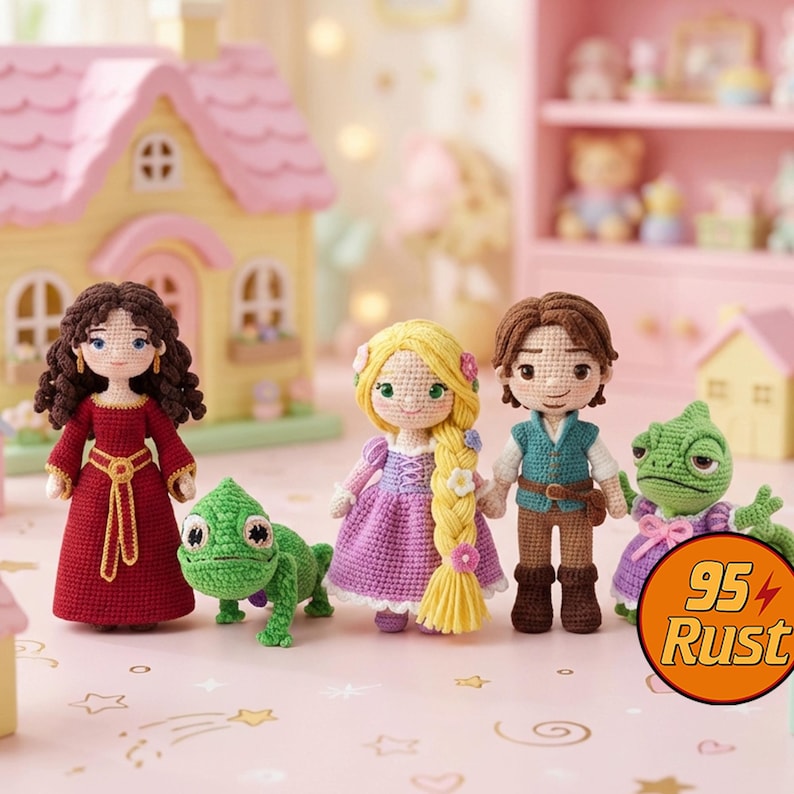 Rapunzel Princess Crochet Doll, Tangled Characters Doll Set, Mother Gothel Crochet Plush, Rapunzel and Flynn Rider Amigurumi Set, Pascal Toy image 1