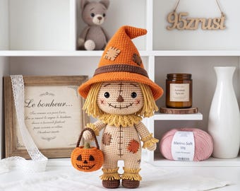 Handmade Crochet Scarecrow Doll with Pumpkin Bag, Autumn Harvest Amigurumi, Spooky Halloween Plushies, Cute Fall Festival Gifts