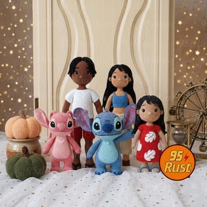 May include: A selection of handmade crochet dolls and pumpkins. The dolls feature characters from the animated film, Lilo & Stitch, in different outfits. A pink and green pumpkin are also present. The background includes a decorative Ferris wheel.