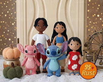 Stitch and Lilo Crochet Doll Set, Disney Movie Amigurumi Figures, Stuffed Alien Plush Toy, Unique Amigurumi Gift, Soft Crochet Plush