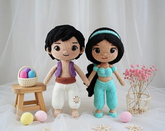 Aladdin and Jasmine Amigurumi Set, Crochet Movie Character Dolls, Handmade Princess Jasmine Prince Aladdin, Stuffed Couple Figures