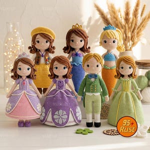May include: A collection of seven crocheted dolls featuring various outfits, including princess gowns, mermaid tails, and a formal suit. The dolls have yarn hair, embroidered facial features, and detailed clothing in shades of purple, green, yellow, and blue.