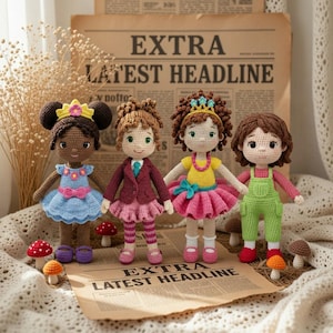 May include: Four handmade crochet dolls, each with unique outfits and hairstyles. One doll wears a blue dress, another a burgundy jacket, a third a yellow top and pink skirt, and the last, green overalls. The dolls stand on a newspaper with the headline "EXTRA LATEST HEADLINE."