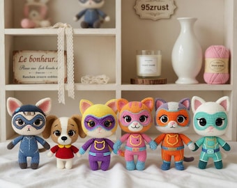Super Kitties Crochet Doll, Ginny Buddy Bitsy Sparks Amigurumi, Superhero Cat Plush, Handmade Crochet Cat Dolls, Superhero Amigurumi Toy