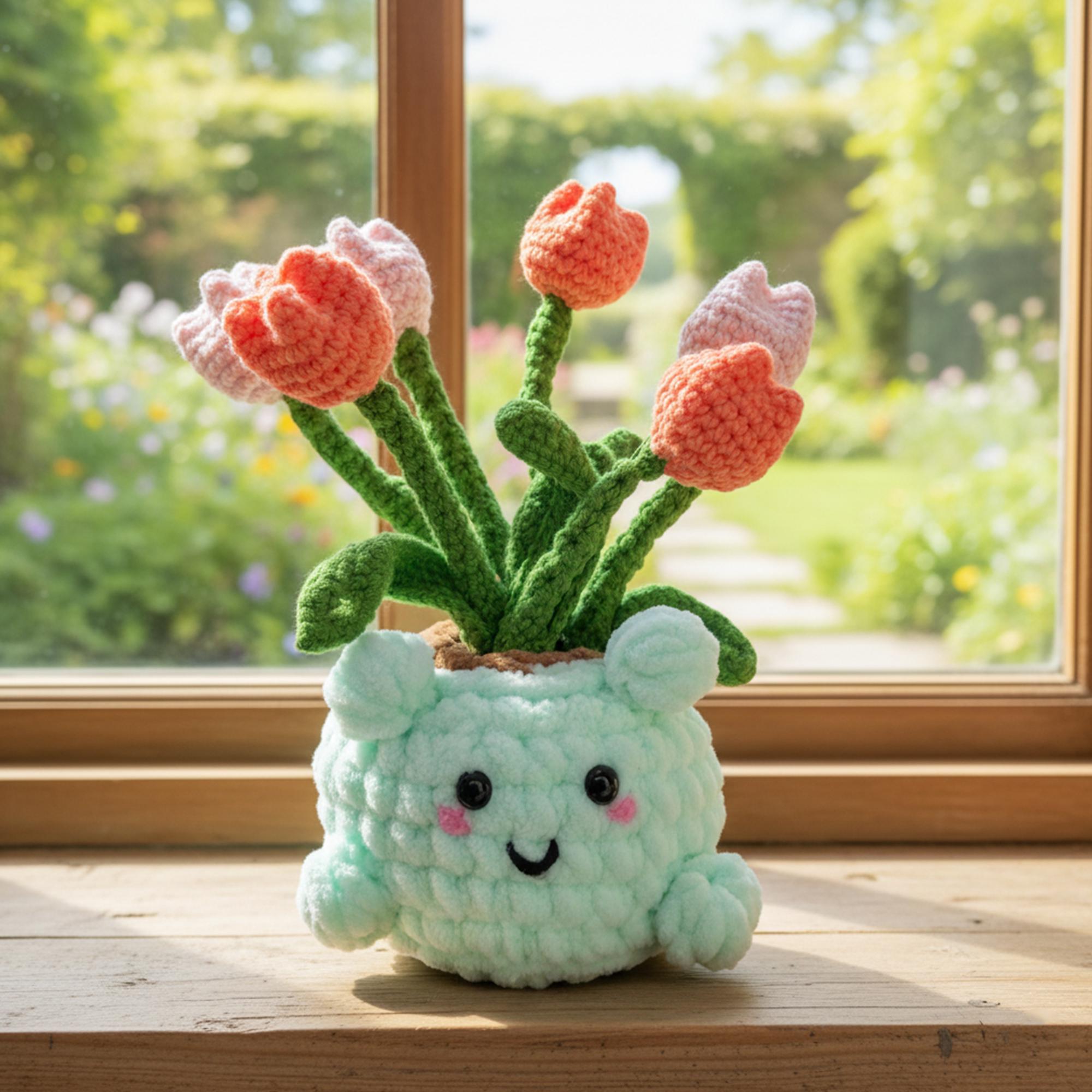 かぎ針編みのチューリップ鉢植えパターンPDF、かぎ針編みの花の