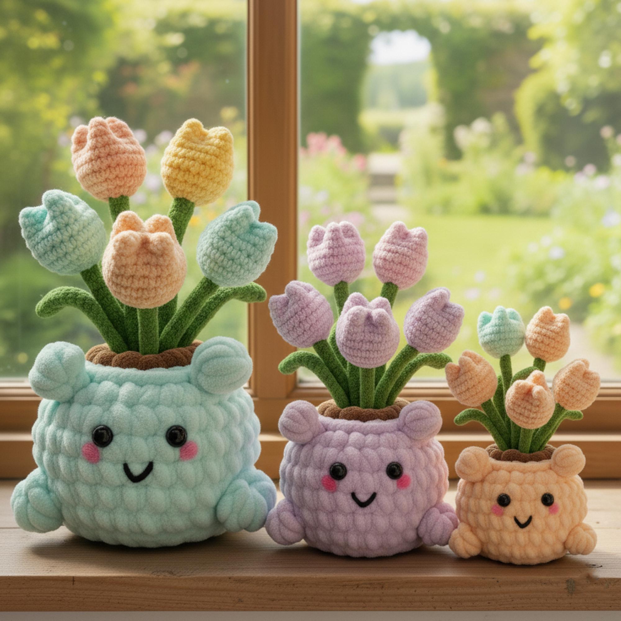 かぎ針編みのチューリップ鉢植えパターンPDF、かぎ針編みの花の