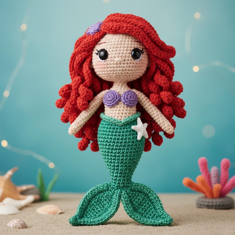 May include: A handmade crochet mermaid doll with red hair, a purple seashell top, and a green tail. The doll has a white starfish and a purple flower in her hair. The background is a light blue with a sandy surface.