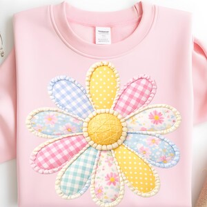 Mosaico de margaritas PNG, sublimación de flores primaverales en tonos pastel, diseño de colcha floral, camisa de primavera PNG, descarga digital