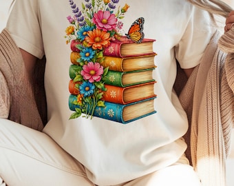 Bücher mit Blumenmuster (PNG), Bücherstapel (PNG), Bücherliebhaber (PNG), Bücherstapel mit Blumenmuster, Geschenk für Leser (PNG), Leseshirt (PNG)