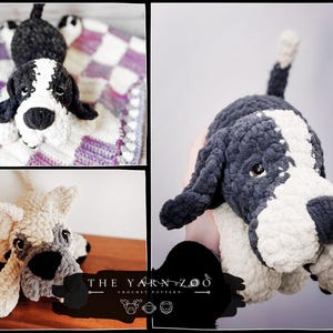 May include: A collection of images showing a crocheted dog toy. The dog is mainly white and dark grey, with a black nose and floppy ears. One image shows the dog on a blanket. The Yarn Zoo crochet pattern logo is visible.
