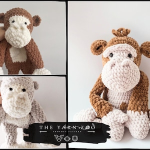 Peut inclure: Peluche de singe crocheté, marron, blanc et beige. Le singe a un visage, des mains et des pieds blancs, avec de la fourrure marron sur le corps et les oreilles. Le logo du patron de crochet The Yarn Zoo est visible.