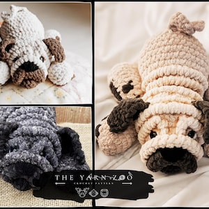 May include: Crocheted pug dog in three different color variations: light beige, gray, and white. The pug has dark brown accents on its ears, nose, and paws. The image includes the text "THE YARN ZOO" at the bottom.