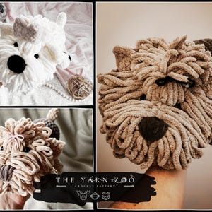 May include: Handmade crochet dog toys in white and brown hues. The toys have detailed facial features, including black eyes and noses, and are designed to resemble different dog breeds. The Yarn Zoo logo is visible on the bottom right of the image.
