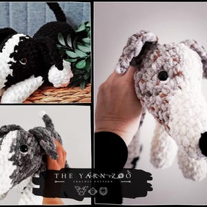 May include: Crocheted dog plushies in black and white, and gray and white. The dogs have long snouts, floppy ears, and black button eyes. One dog is lying down in a basket, while the others are held up. The Yarn Zoo crochet pattern logo is visible.