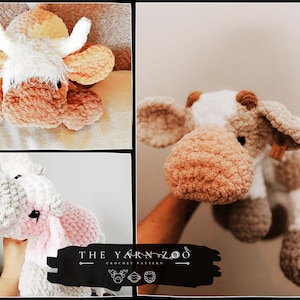 Puede incluir: Una colección de peluches de vaca hechos a mano con ganchillo en varias poses. Las vacas presentan hilo suave y texturizado en tonos de blanco, marrón y rosa. Los peluches tienen detalles, incluyendo cuernos, orejas y expresiones faciales. El patrón de ganchillo The Yarn Zoo es visible.