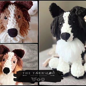 Könnte beinhalten: Gehäkelte Hunde-Plüschtiere in verschiedenen Posen. Eines ist schwarz-weiß, ein anderes braun-weiß und ein drittes braun, weiß und hellbraun. Die Plüschtiere haben flauschiges weißes Fell um den Hals und dunkle Nasen. Das Logo von The Yarn Zoo befindet sich unten.