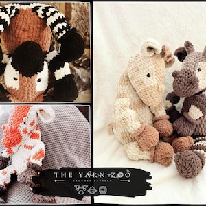 May include: A collection of handmade crochet animal toys in various colors. The toys include a giraffe, a cow, and a lemur, each with unique patterns and designs. The Yarn Zoo logo is visible in the bottom right corner.