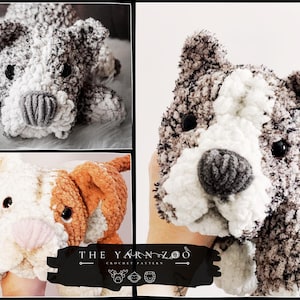 Może przedstawiać: Szydełkowe pluszowe psy w kolorze białym, brązowym i pomarańczowym. Psy mają czarne oczy i szare nosy. Obraz zawiera logo z napisem "The Yarn Zoo Crochet Pattern".