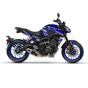May include: A blue and black Yamaha MT-09 motorcycle with a white background. The motorcycle has blue wheels, a black frame, and blue and white graphics. The motorcycle is a sport bike.