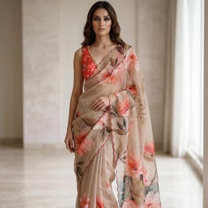 Ready to Wear Ombre Designer Floral Saree Blouse, Premium Georgette Saree Party Wear Pre-Stitched Indian Saree Yellow, Sabyasachi Saree