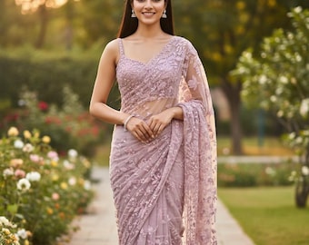 Ready to Wear Designer Heavy Embroidered Net Saree With Blouse, Reception Bridal Party Wear Pre-Stitched Bollywood Saree, Sabyasachi Saree