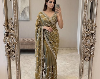 Handwork Designer Space Silk Beaded Sequins Saree With Blouse, Reception Bridal Party Wear Indian Bollywood Saree, Sabyasachi Saree