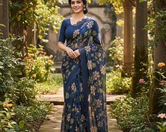 Ready to Wear Blue  Cotton Linen Floral Saree Blouse, Everyday Cotton Saree Pre-Stitched Indian Bollywood Saree, Sabyasachi Saree