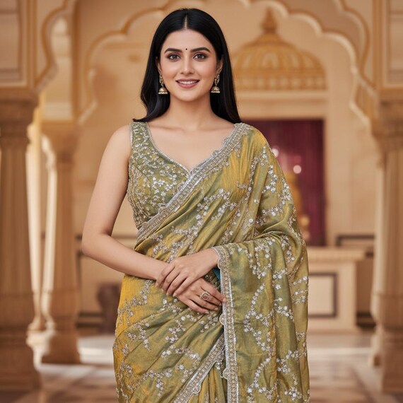 Ready to Wear Designer Space Silk Beaded Sequins Saree With Blouse, Reception Bridal Party Wear Indian Bollywood Saree, Sabyasachi Saree