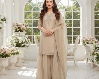 Beige Designer Eid Palazzo Suit For Women, Embroidery Sequins Manish Malhotra Inspired Indian Suit, Eid Pakistani Palazzo Sabyasachi Suit