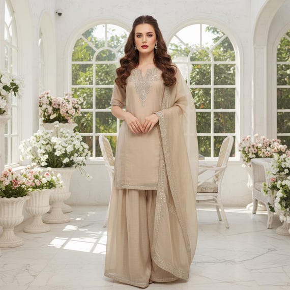 beige eid dress love this colour , outfit: @shop.truba , ., ., ., (golden hour , beige oufit , desi fashion, embroidered , eid outfit inspo , frock anarkali , trendy , elegant , Pakistani fashion , baat pakki