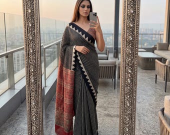 Ready to Wear Black Printed Designer Silk Saree Blouse, Ajrakh Party Wear Pre-Stitched Indian Bollywood Saree, Sabyasachi Saree