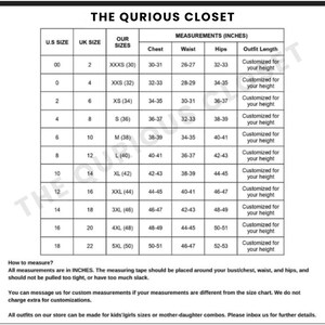 May include: A size chart from "The Qurious Closet" with measurements in inches for chest, waist, and hips, ranging from XXXS to 5XL. The chart includes U.S. and UK sizes, with text at the top: "THE QURIOUS CLOSET".