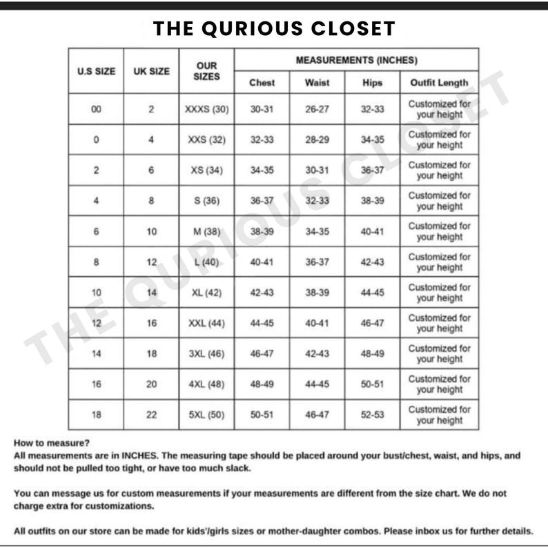 May include: A size chart from "The Qurious Closet" with measurements in inches for chest, waist, and hips, ranging from XXXS to 5XL. The chart includes U.S. and UK sizes, with text at the top: "THE QURIOUS CLOSET".