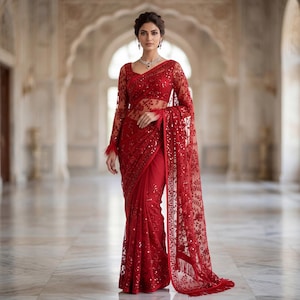 Ready to Wear Red Designer Heavy Embroidered Net Sabyasachi  Saree With Blouse, Reception Bridal Party Wear Pre-Stitched Bollywood Saree