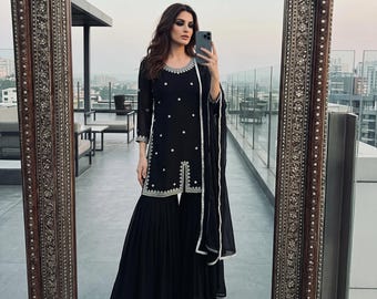 Designer Faux Georgette Indian Womens Suit, Sequins Embroidery Indian Clothes Palazzo Set, Indian Suit, Pakistani Suits Sabyasachi Suit