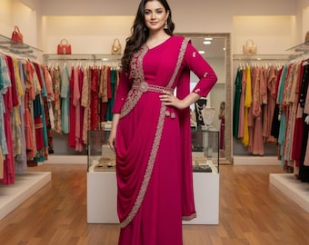 Ready to Wear Designer Chinon Lehenga Saree, Reception Bridal Party Wear Pre-Stitched Bollywood Saree, Sabyasachi Saree, Saree With Jacket