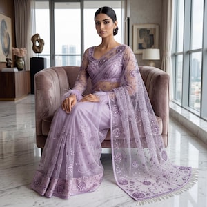 Ready to Wear Designer Heavy Embroidered Net Saree With Blouse, Reception Bridal Party Wear Pre-Stitched Bollywood Saree, Sabyasachi Saree