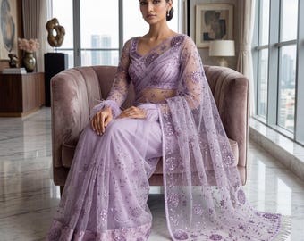 Ready to Wear Designer Heavy Embroidered Net Saree With Blouse, Reception Bridal Party Wear Pre-Stitched Bollywood Saree, Sabyasachi Saree