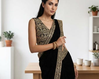 Ready to Wear Viscose Velvet Designer Saree Blouse, Embroidered Saree Sequins Party Wear Pre-Stitched Indian Saree, Sabyasachi Saree